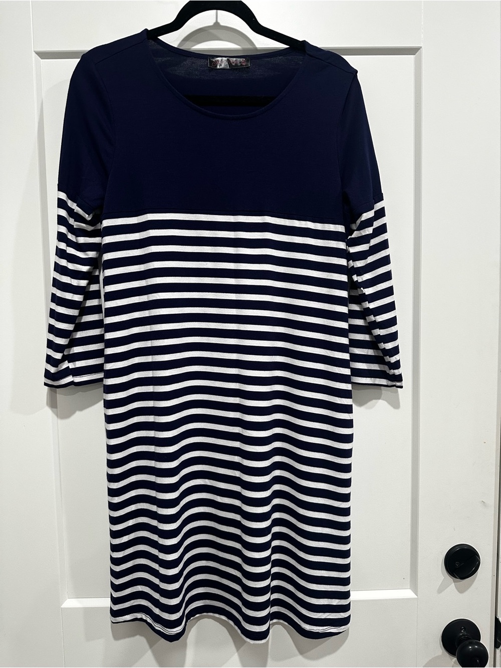 Women's Navy & White Striped Midi Dress with Scoop Neck